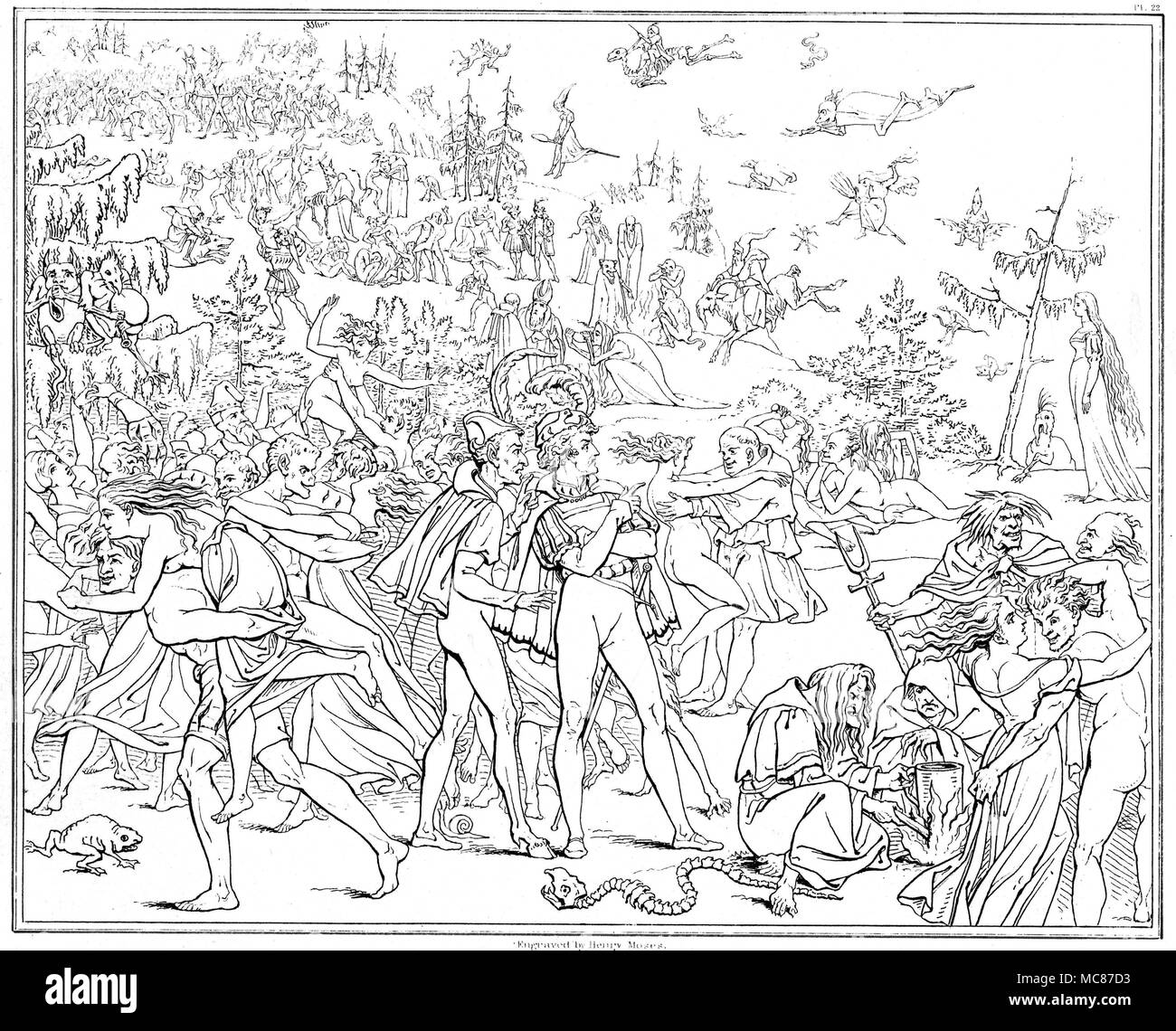 Demoni - FAUST - la stregoneria le streghe si compiace sulla sommità del Brocken: Faust vede lo spirito di Margaret, nella distanza. L'incisione 22 nel Retsch serie dei contorni Twenty-Six, illustrativi di Goethe la tragedia di Faust incisi da Henry Mosè, nel 1820. [Si tratta di incisione n. 25 in serie, Umrisse del Goethe Faust. Gezeichnet von Moritz Retsch, 1836.] Ci sono state due distinte prime edizioni del Retsch serie di disegni di Goethe, Faust. Il migliore è stato Umrisse del Goethe Faust. Gezeichnet von Moritz Retsch, edizione 1836, stampato in entrambe Stoccarda e Augusta. Vi sono state 29 Foto Stock