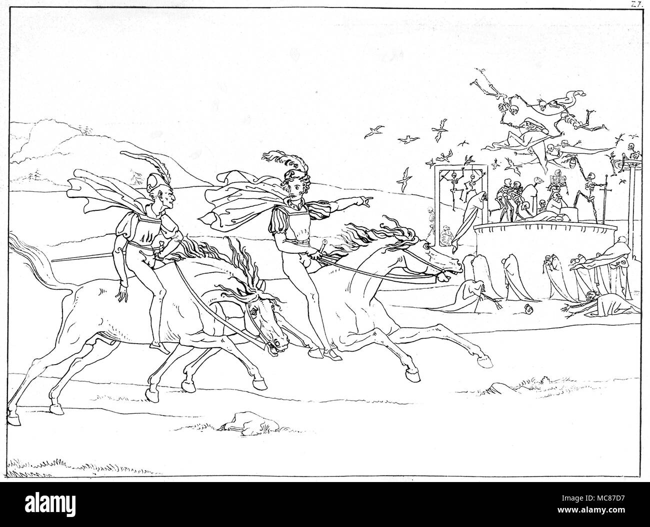 Demoni - FAUST - Faust MEPHISTOPHELES e Mephistopheles ride passato luogo di esecuzione, dove scheletri e fantasmi danza. Incisione n. 27 in serie, Umrisse del Goethe Faust. Gezeichnet von Moritz Retsch, 1836. [Nell'Retsch serie dei contorni Twenty-Six, illustrativi di Goethe la tragedia di Faust incisi da Henry Mosè, nel 1820, è l'incisione 24.] Ci sono state due distinte prime edizioni del Retsch serie di disegni di Goethe, Faust. Il migliore è stato Umrisse del Goethe Faust. Gezeichnet von Moritz Retsch, edizione 1836, stampato in entrambe Stoccarda e Augusta. Ci sono stati 2 Foto Stock
