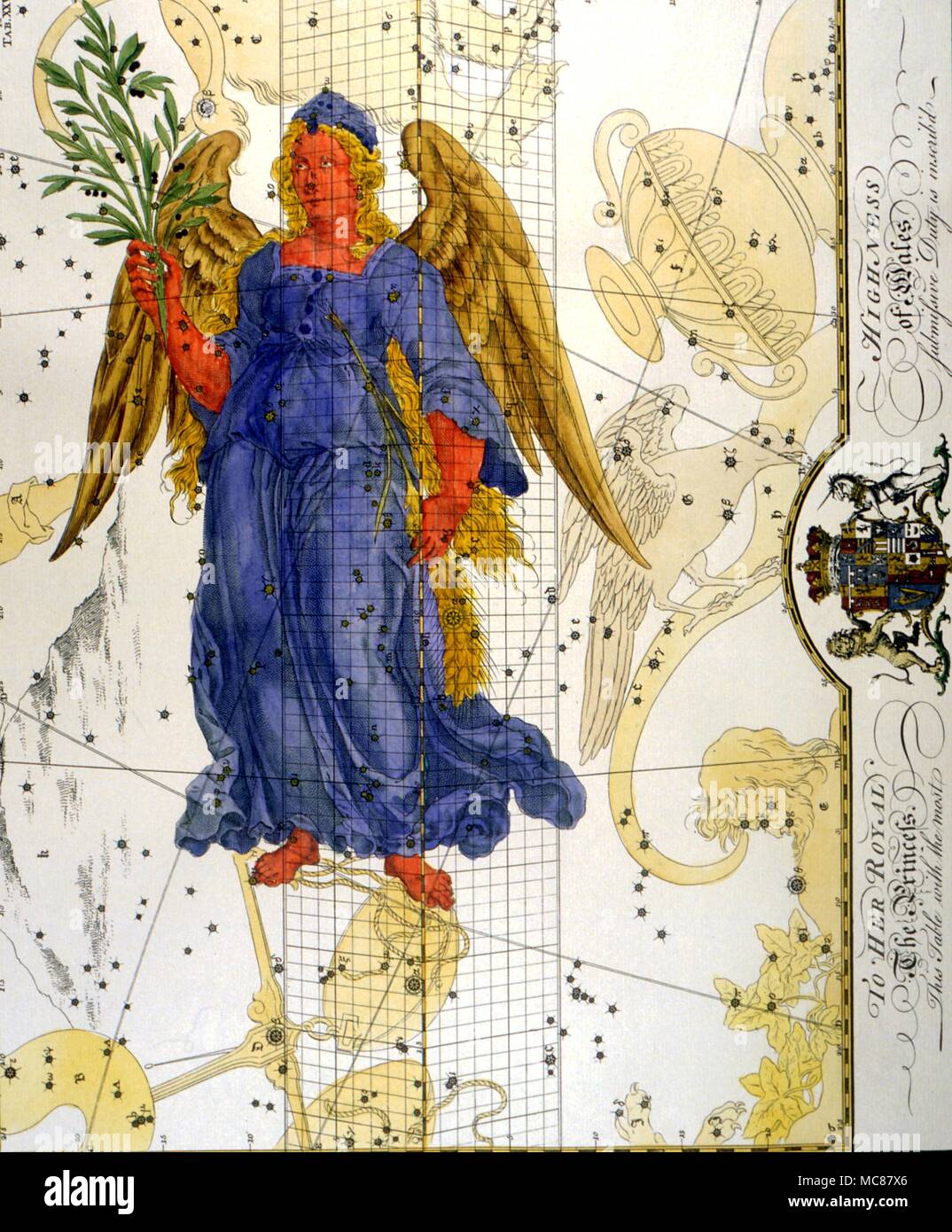 Costellazioni e star maps Virgo allentato un tardo XVIII secolo piastra da un inglese un libro di abbonamento della costellazione dei grafici Foto Stock