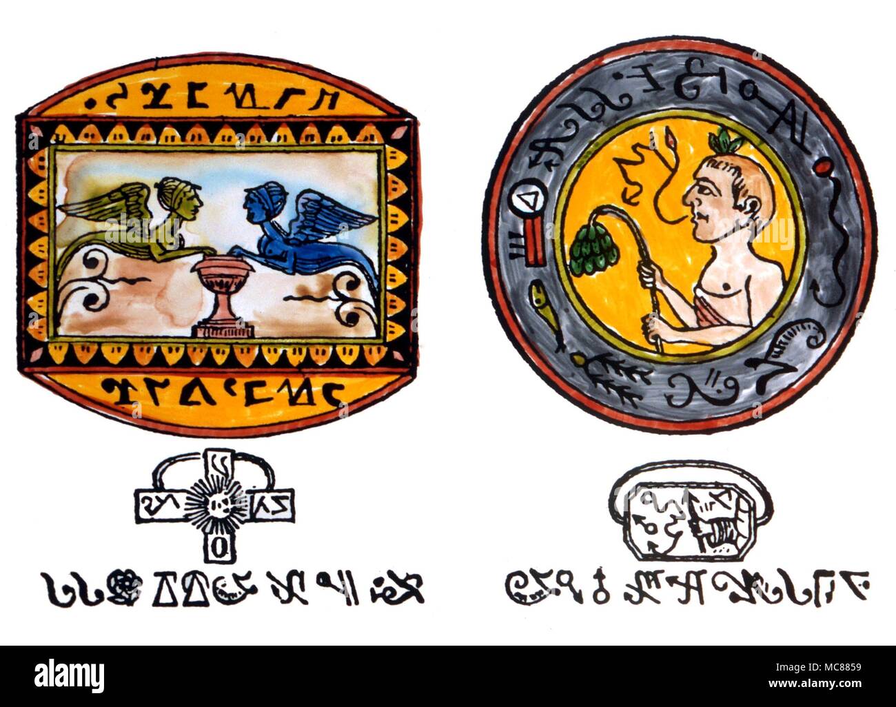 GRIMOIRE talismani dal manoscritto conosciuto come 'La Salvia delle Piramidi'. I caratteri alla base sono supposti per essere incisi sui lati interni ed esterni dell'anello Foto Stock