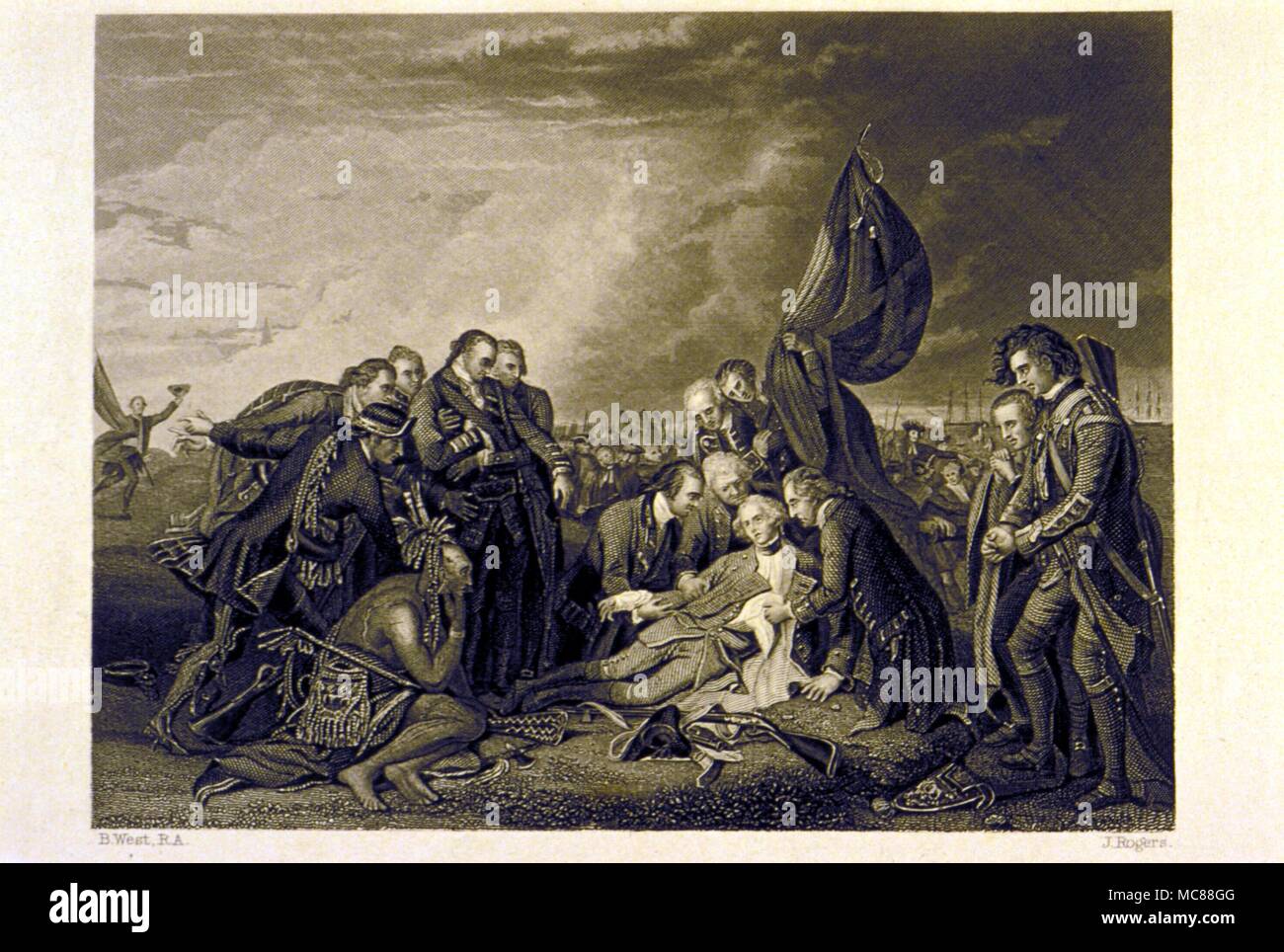 Storia - BRITISH " La morte del generale Wolfe'. Incisione in acciaio da J. Rogers dopo la pittura di Benjamin West. Incisione di circa 1855. Foto Stock