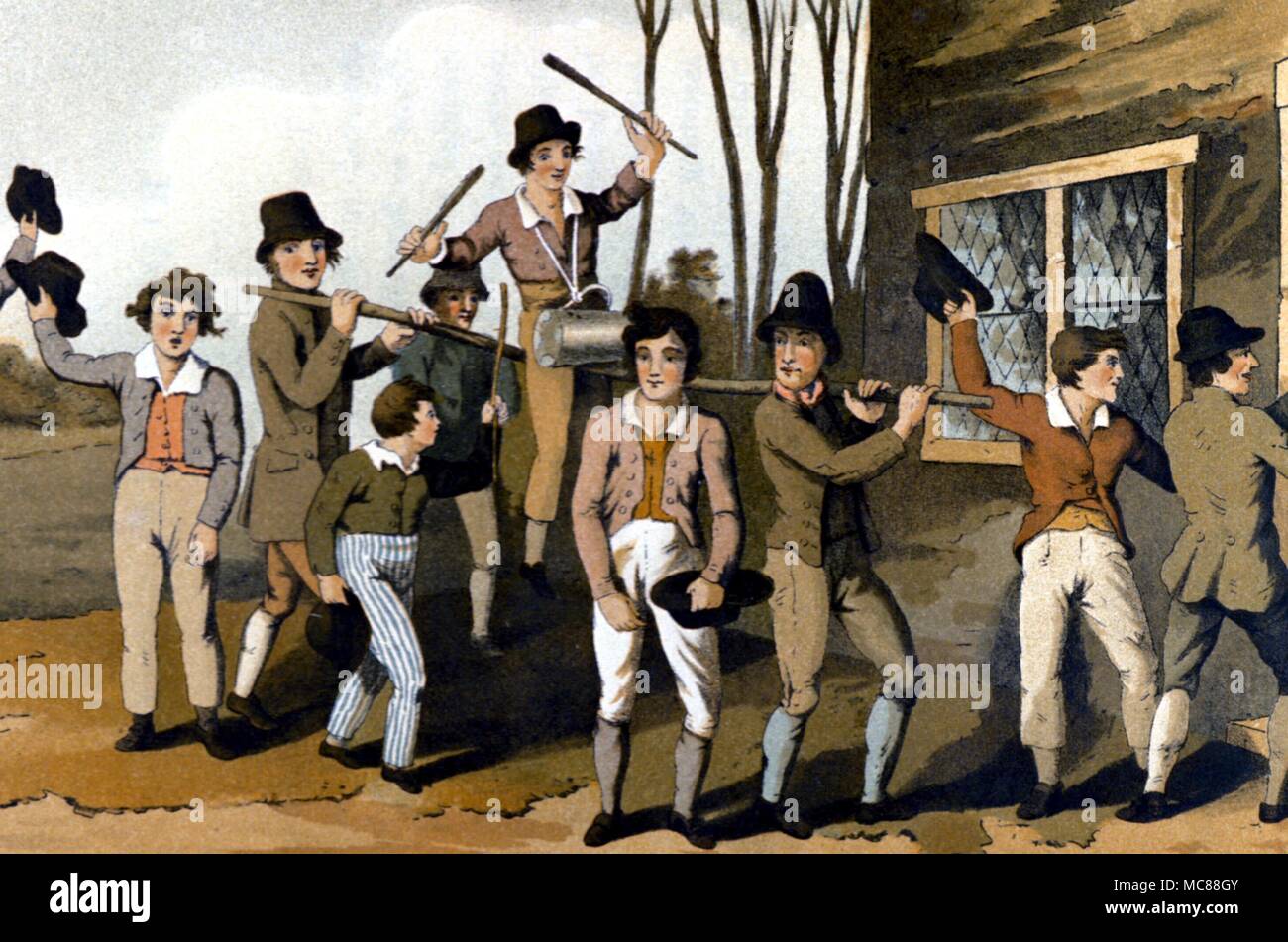 Storia britannica - inizi del XIX secolo di equitazione Stang - un locale personalizzato. Dal 1885 edizione di Richard Jackson, "i costumi di Yorkshire'. Foto Stock