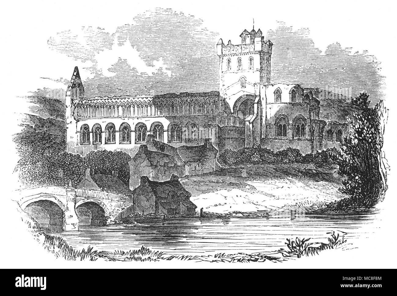 Jedburgh Abbey, una rovina Abbazia Agostiniana fondata nel XII secolo, sul Jed acqua, un fiume e un affluente del fiume Teviot. L'Abbazia è situato a Jedburgh, in confini scozzesi a nord del confine con l'Inghilterra. Nel 1118, il re Davide ha istituito una fondazione dei canonici regolari dell'Ordine di sant'Agostino, cosa è ora Jedburgh. La fondazione sembrava avere lo status di 'priory' nei primi anni e successivamente è stato elevato al rango di un monastero prima di diventare nel 1147, una vera e propria abbazia dedicata alla Vergine Maria. Foto Stock