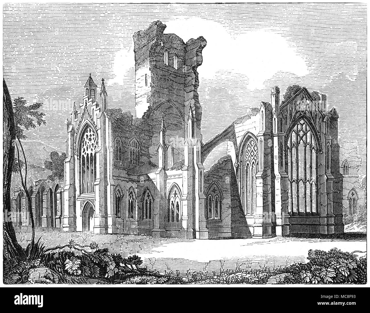 Le pareti del St Mary's Abbey, Melrose è un parzialmente in rovina monastero dell'ordine cistercense in Melrose, Roxburghshire, in Scottish Borders. Essa è stata fondata nel 1136 dai monaci cistercensi su richiesta del re Davide I di Scozia, ed era il capo di casa che l ordine nel paese fino alla riforma. Altri edifici sono stati aggiunti oltre le seguenti 50 anni. L'abbazia fu costruita in maniera gotica, e nella forma di un san Giovanni della Croce. Foto Stock