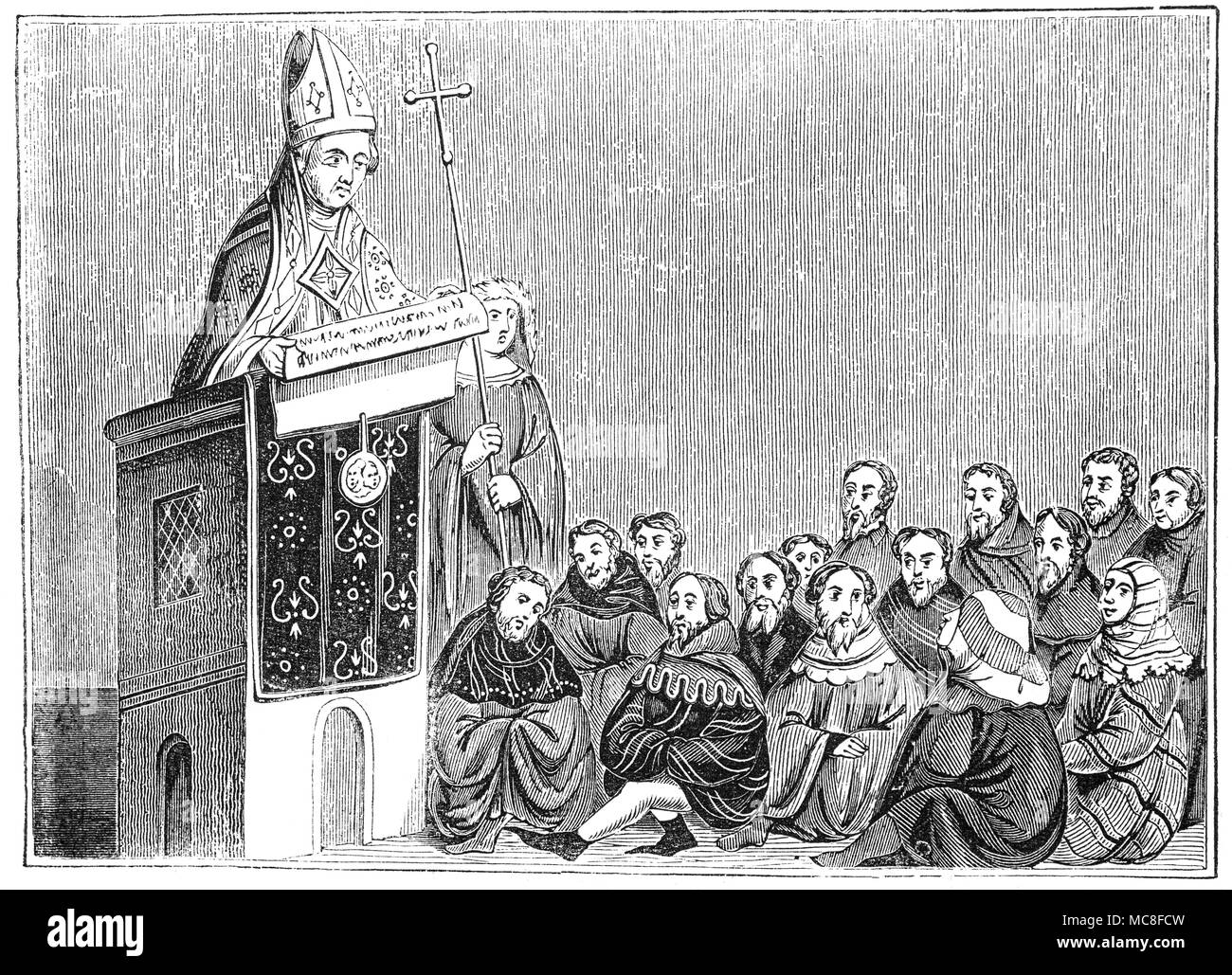 Arcivescovo di Caterbury Walter Reynolds la lettura di una bolla papale, un tipo di pubblico decreto, lettere di brevetto o carta rilasciata da papa Clemente V della Chiesa Cattolica Romana nel XIV secolo. Esso è chiamato dopo il sigillo plumbeo (bulla) che tradizionalmente era annessa al fine al fine di autenticare. Foto Stock