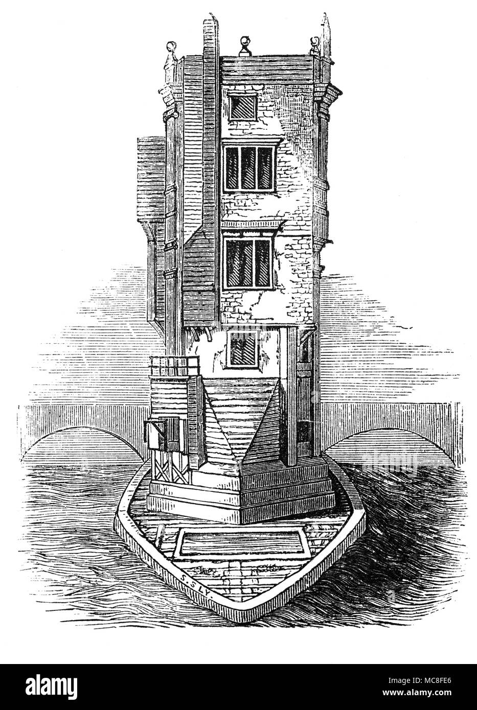 La Cappella di San Tommaso sul ponte è stato un ponte cappella costruita vicino al centro del vecchio ponte di Londra nella città di Londra ed è stato completato da 1209. Nel 1548, durante il processo di riforma è stato sciolto come un luogo di culto e successivamente convertito in uso secolare. L'edificio sopravvissuto come una abitazione e magazzino fino al 1747 quando il piano superiore al livello della strada è stato rimosso; i piani inferiori, che è stato integrato nella struttura di uno dei piloni, rimase in uso come un negozio fino a quando il vecchio ponte di Londra è stata demolita nel 1832. Foto Stock