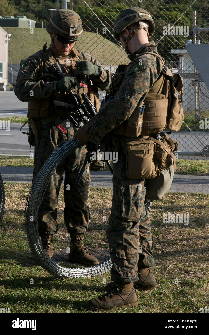 Marines con Battaglione Team di atterraggio, 1° Battaglione, 1 Marines, configurare C-filo durante gli aiuti umanitari-rilievo di disastro formazione durante la fase di integrazione anfibio della formazione a spiaggia bianca Naval Facility, Okinawa, in Giappone, 28 marzo 2018. BLT 1/1, terra elemento di combattimento del trentunesimo Marine Expeditionary Unit, conduce le operazioni a terra a sostegno del trentunesimo MEU. Il trentunesimo MEU regolarmente esercizi HADR la sua capacità di trattenere il MEU la prontezza a rispondere a un disastro umanitario. Il trentunesimo MEU e squadrone anfibio 11 condotta AIT in preparazione per la certificazione di esercizio e per assicurare la preparazione Foto Stock