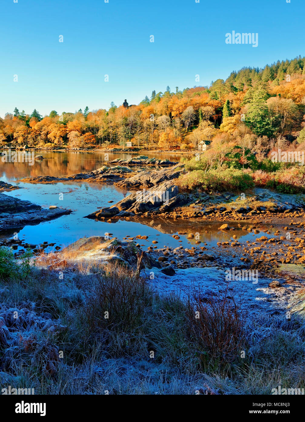 Un soleggiato, autunno vista Loch Sunart nelle Highlands scozzesi come i primi segni di inverno appaiono. Foto Stock