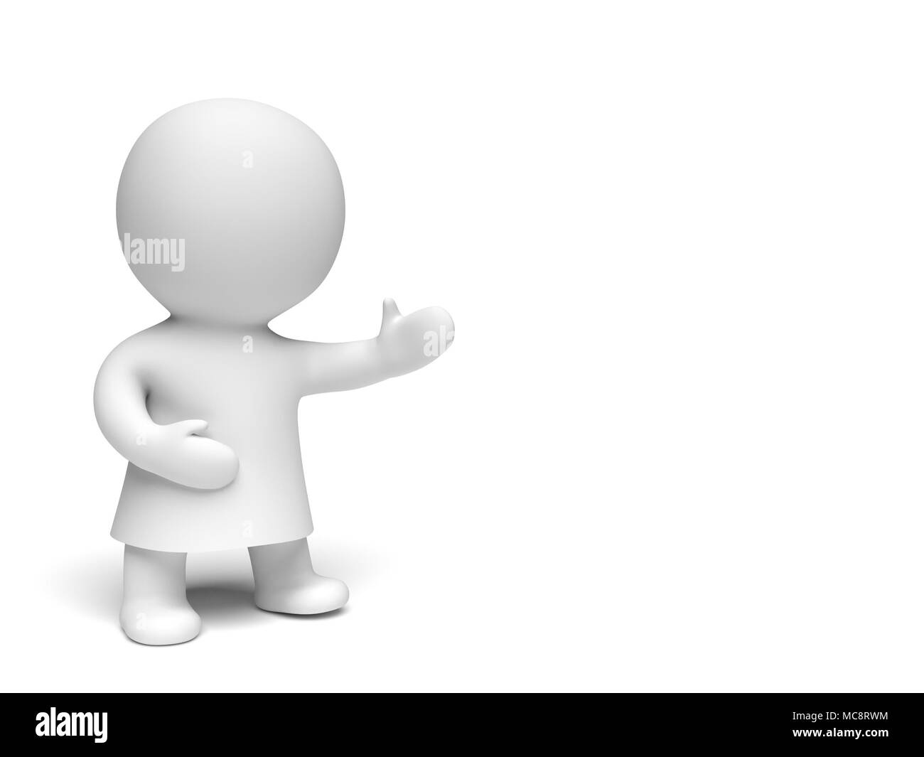 White carino 3d carattere indossando un abito presentando uno spazio vuoto in una scena di bianco (3D'illustrazione) Foto Stock