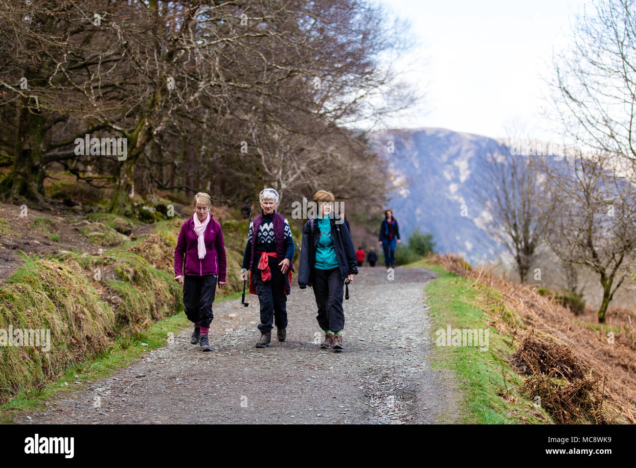 Tre donne senior amici camminando lungo il sentiero escursionistico di Glendalough nel Parco Nazionale di Wicklow Mountains Irlanda Foto Stock