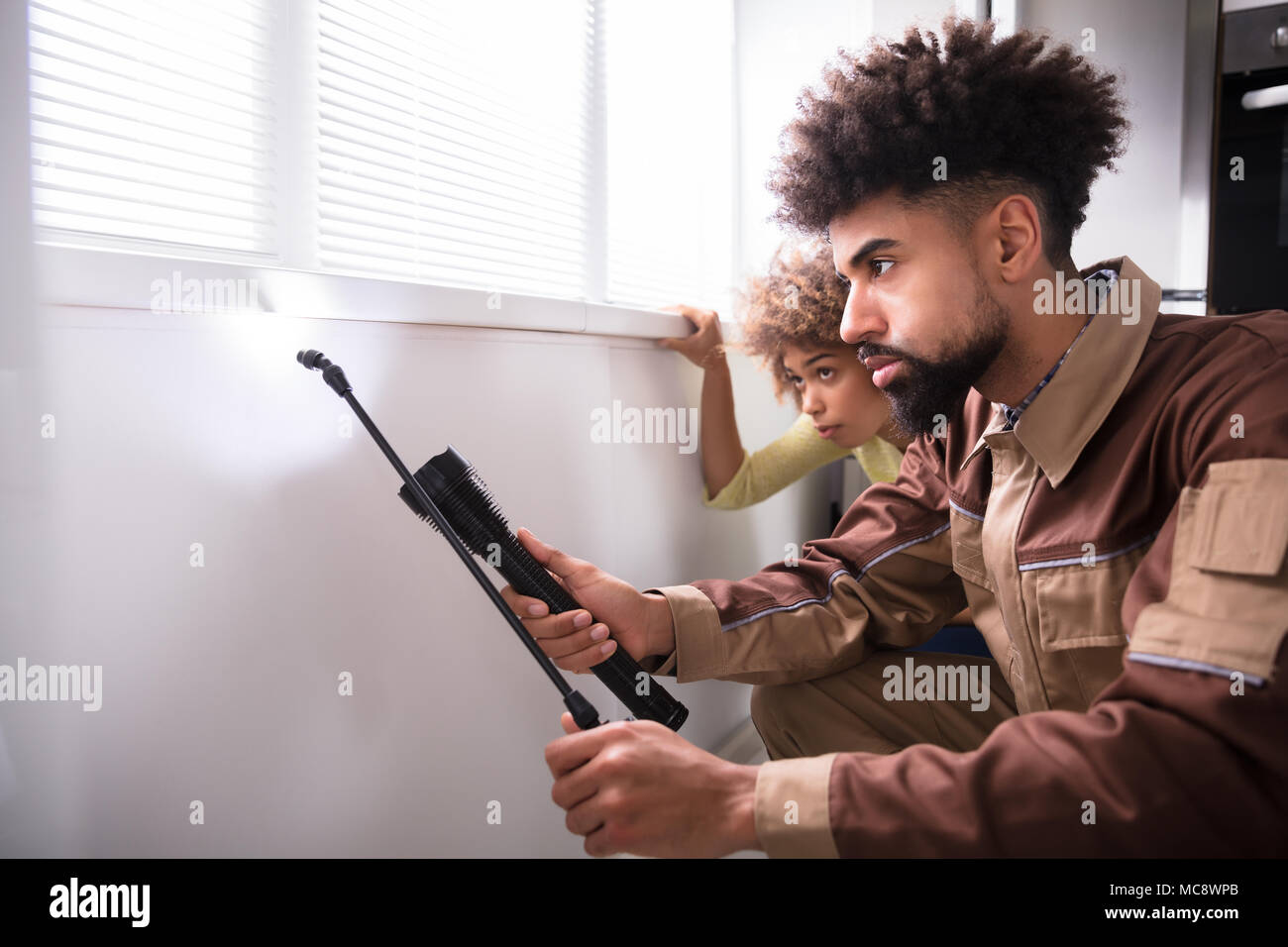 Giovane Maschio Pest Control lavoratore utilizzando la torcia mentre spruzzando insetticida sul davanzale Foto Stock