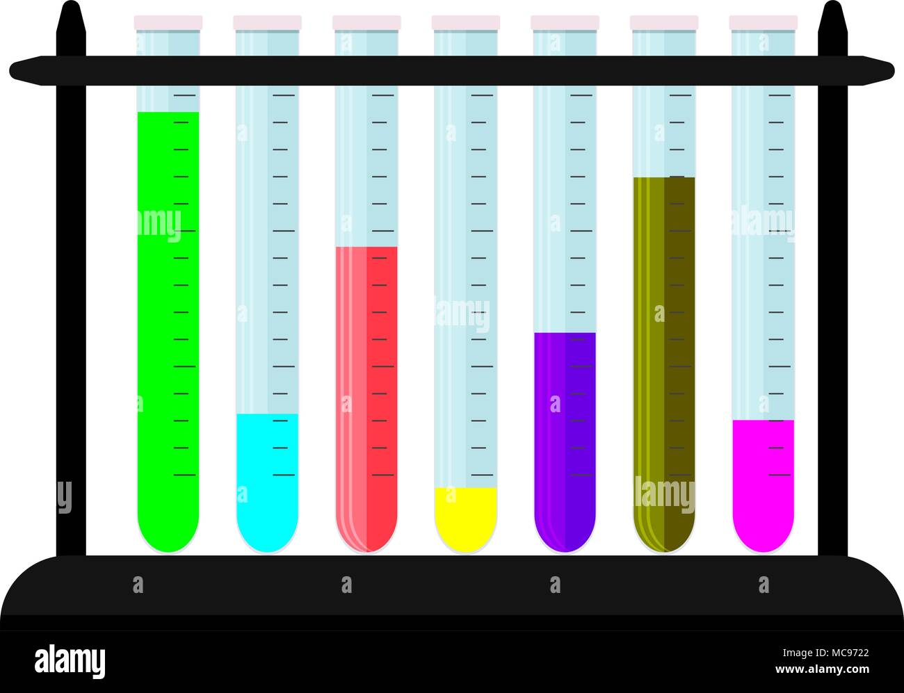 Set di becher con sostanze colorate su supporto. Laboratorio di vettore becher, pallone di chimica per illustrazione di ricerca Illustrazione Vettoriale