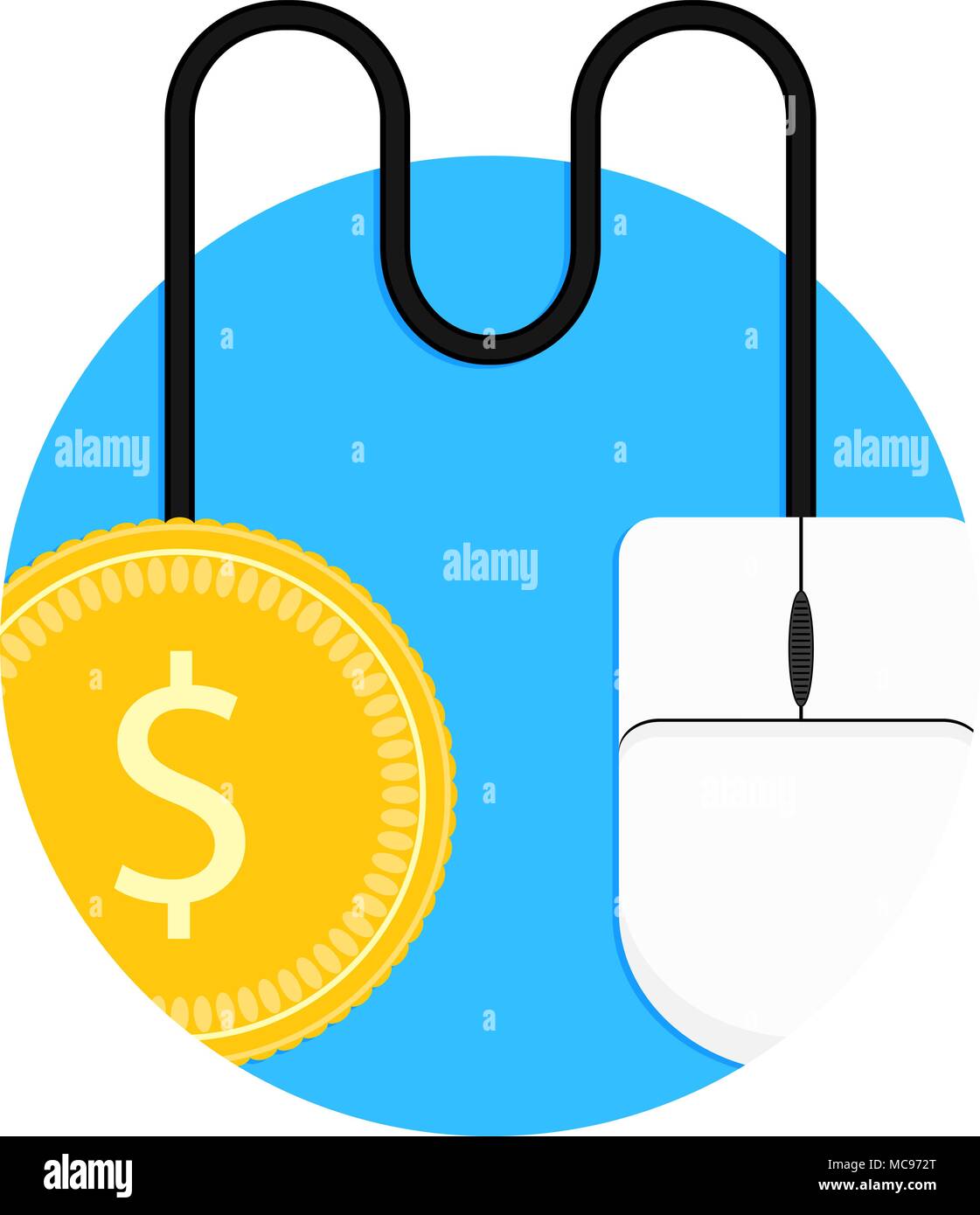 Pay per click icona. Fare clic su online per soldi coin, sponsorizzato dollar badge, illustrazione vettoriale Illustrazione Vettoriale