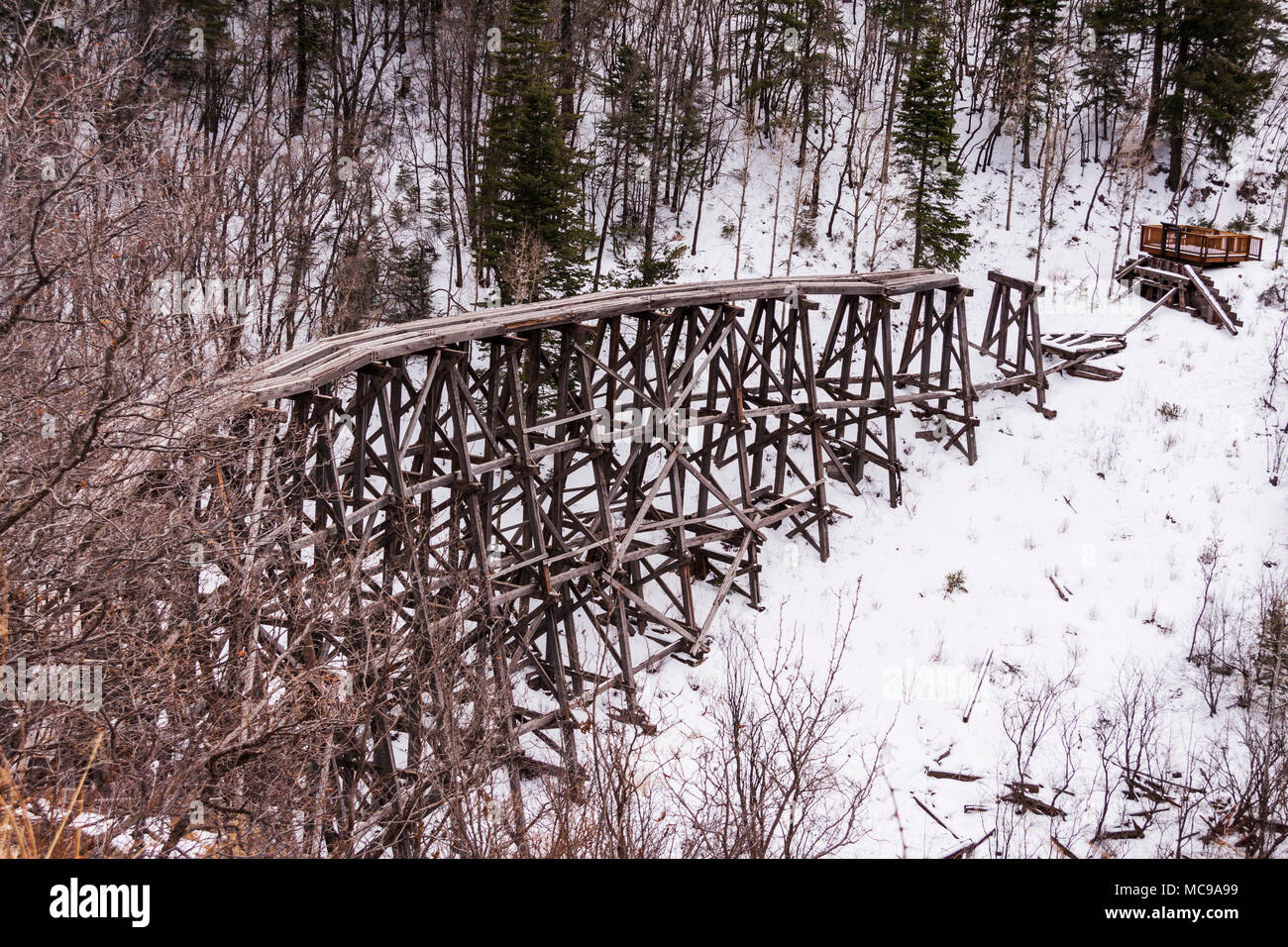 Neve sul treno abbandonate le tracce dalla Alamagordo-Sacramento ferrovia di montagna, lungo l'Autostrada 82 tra Alamogorda e Cloudcroft , New Mexico. Foto Stock