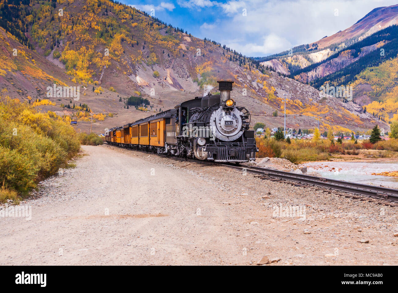 La ferrovia a scartamento ridotto Durango e Silverton, con treni a vapore alimentati a carbone, è un monumento storico nazionale designato a livello federale. Foto Stock