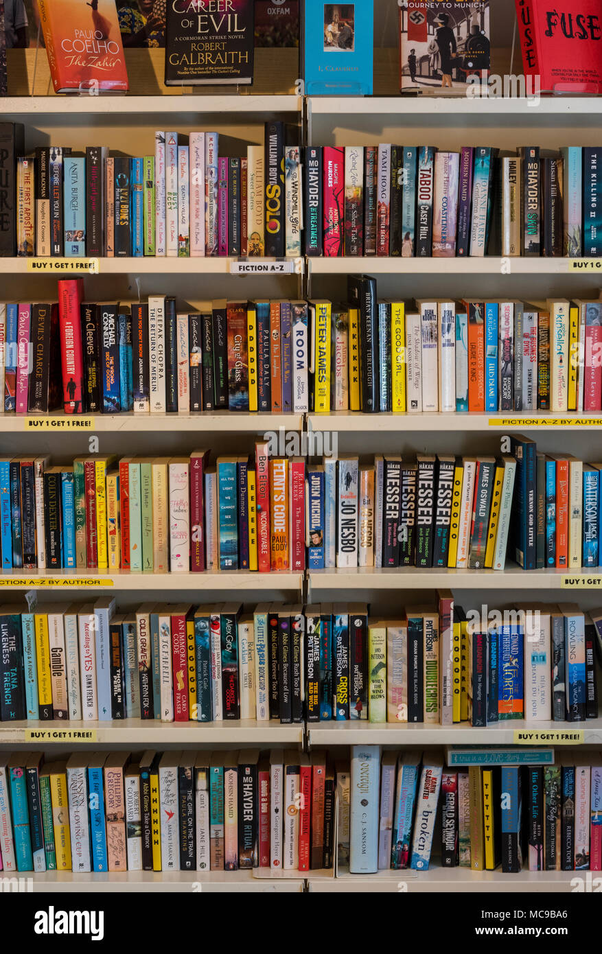 Gli scaffali pieni di seconda mano e libri usati in vendita in un negozio  di vendita pre - amava la letteratura e materiale scritto. Le librerie e le  collezioni di libri Foto