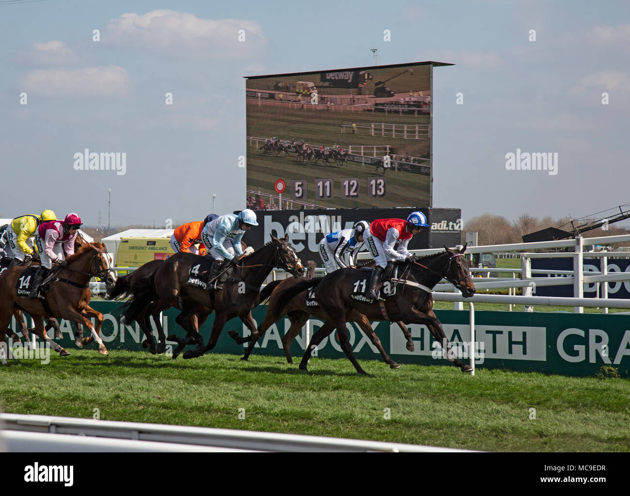 Cavalli in esecuzione passato un grande spettatore lo schermo di visualizzazione presso l'Ippodromo di Aintree di Liverpool, in Inghilterra. Foto Stock