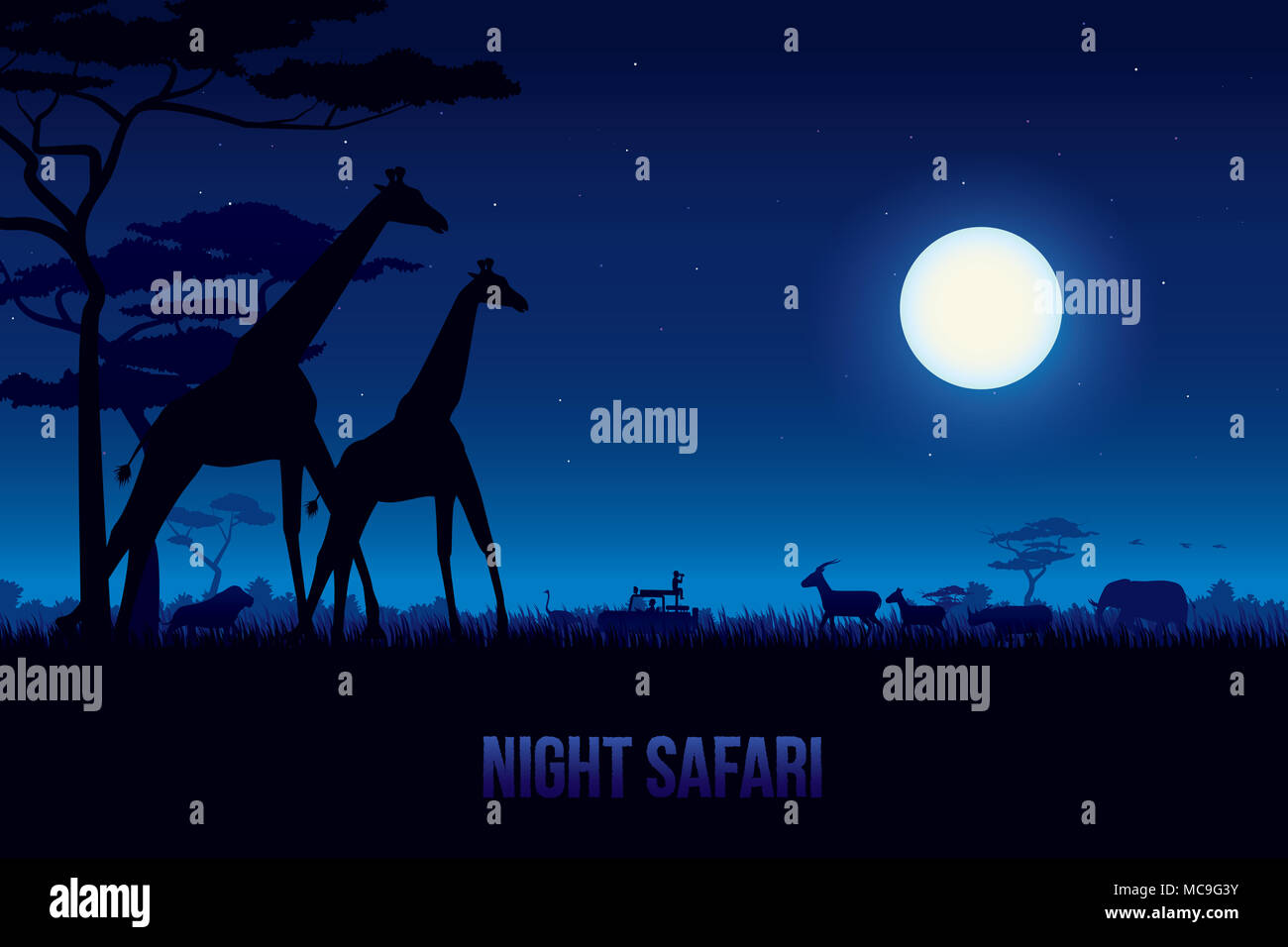 Illustrazione Vettoriale di paesaggio africano con la fauna selvatica in scena notturna, la luna piena e il cielo di notte. Tema di Safari Foto Stock