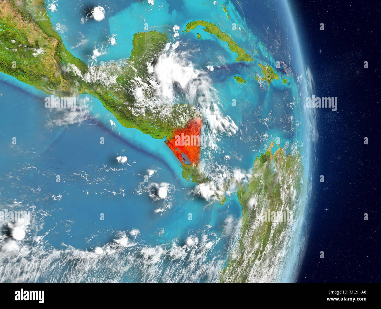 Vista dallo spazio del Nicaragua evidenziata in rosso sul pianeta Terra con atmosfera. 3D'illustrazione. Gli elementi di questa immagine fornita dalla NASA. Foto Stock