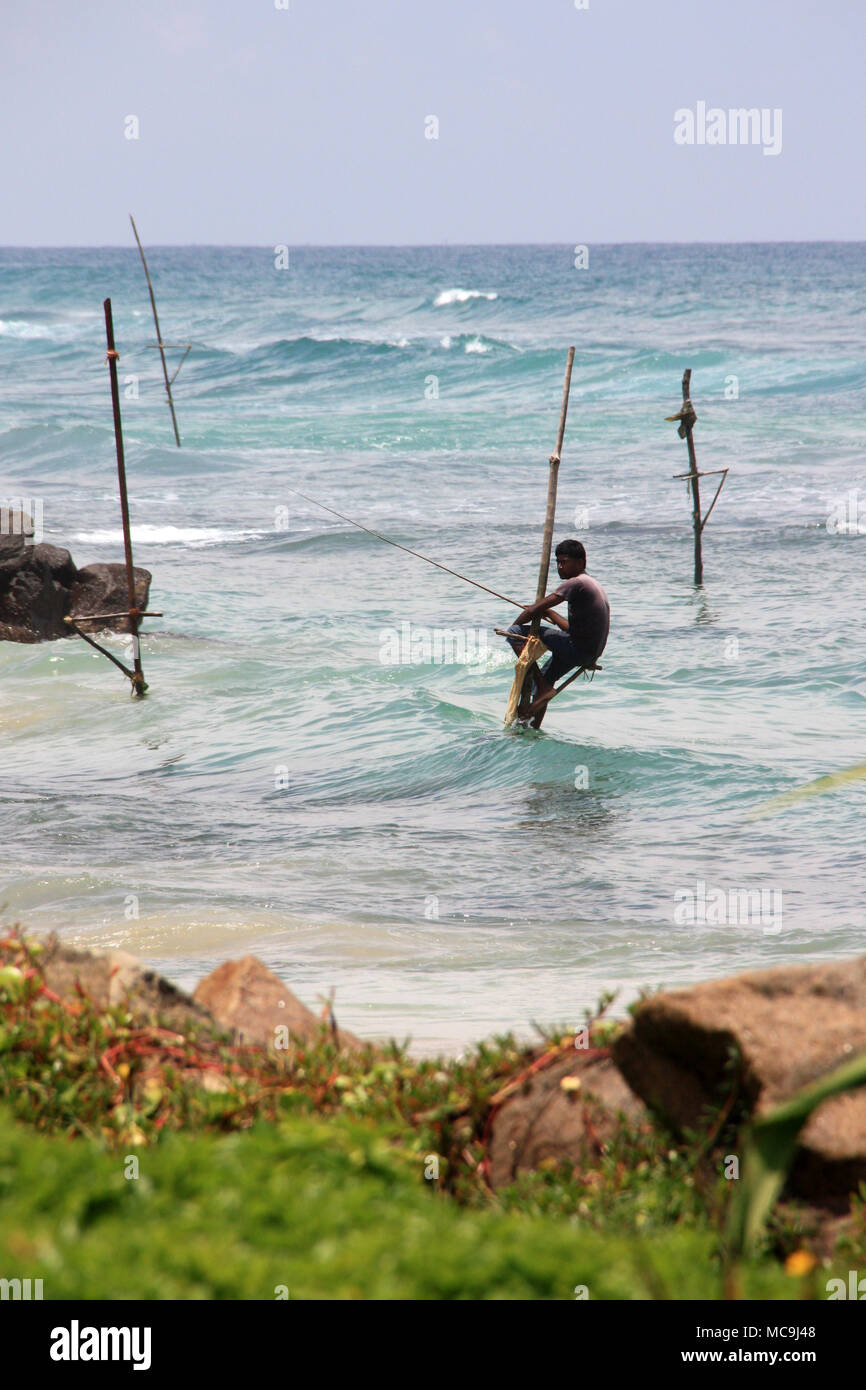 Pescatore seduto su una pila e la pesca tradizionale modo Weligama Foto Stock