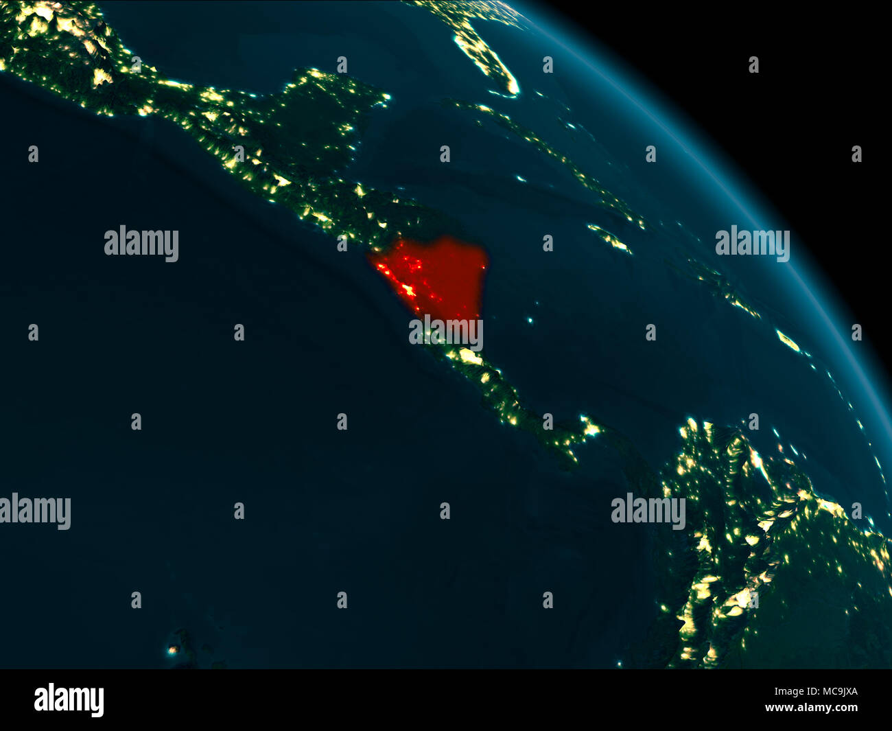 Vista orbita del Nicaragua di notte evidenziata in rosso sul pianeta Terra con altamente dettagliate texture di superficie. 3D'illustrazione. Gli elementi di questa immagine fur Foto Stock