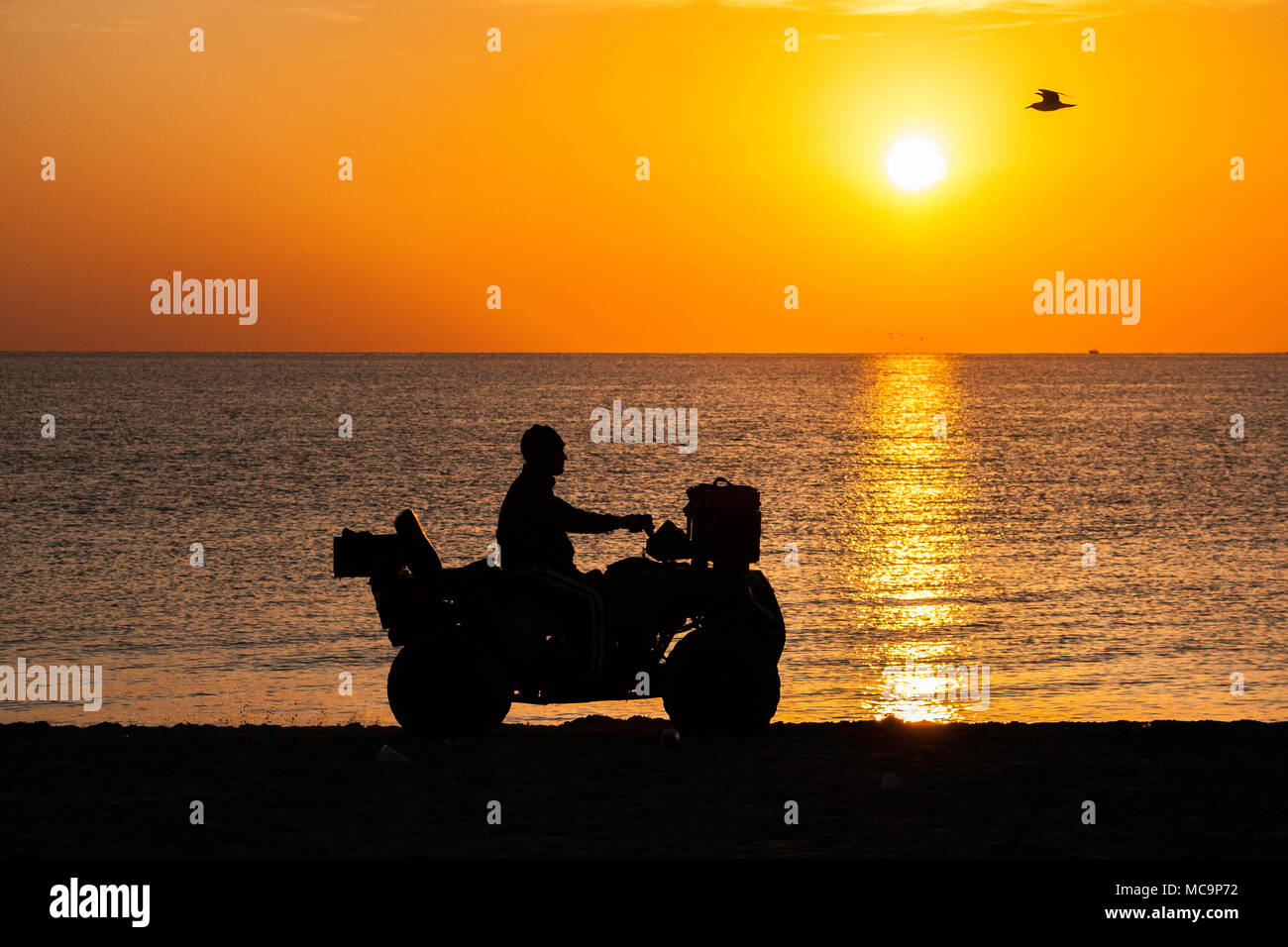 Un ATV si staglia al sole che sorge su una spiaggia della Florida con un luminoso e colorato cielo giallo e oceano come sfondo. Copia Spazio Foto Stock