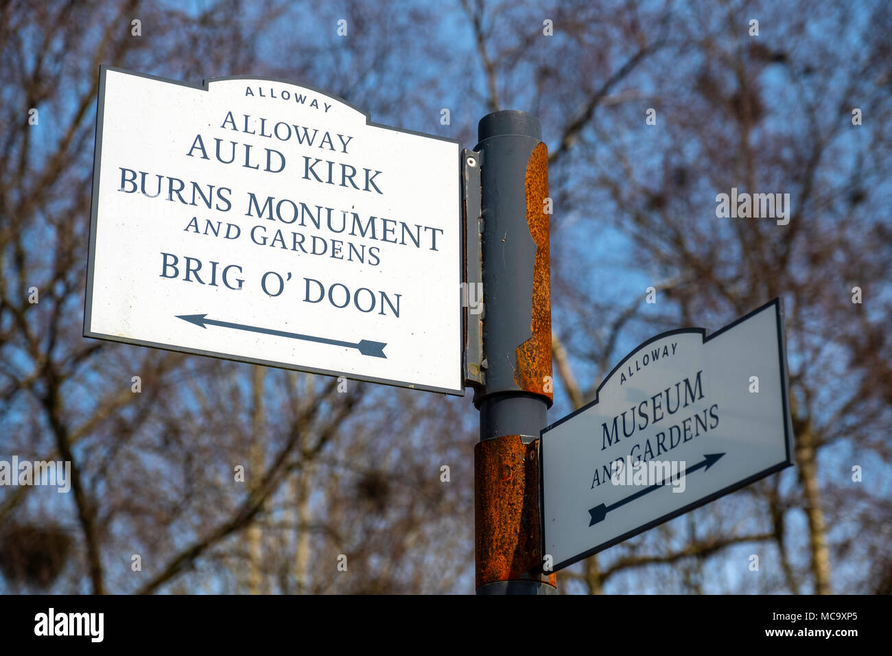 Segno sul poeta la via che conduce a Burns cottage in Alloway, Ayrshire, in Scozia, Regno Unito Foto Stock