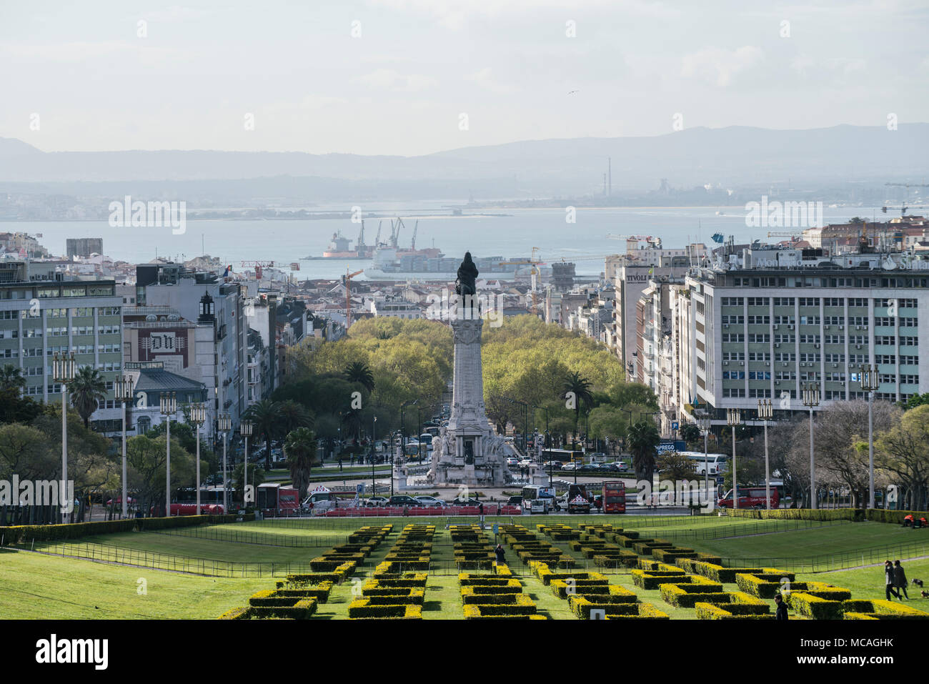 Vista panoramica del Parco Eduardo VII a Lisbona, Portogallo Foto Stock