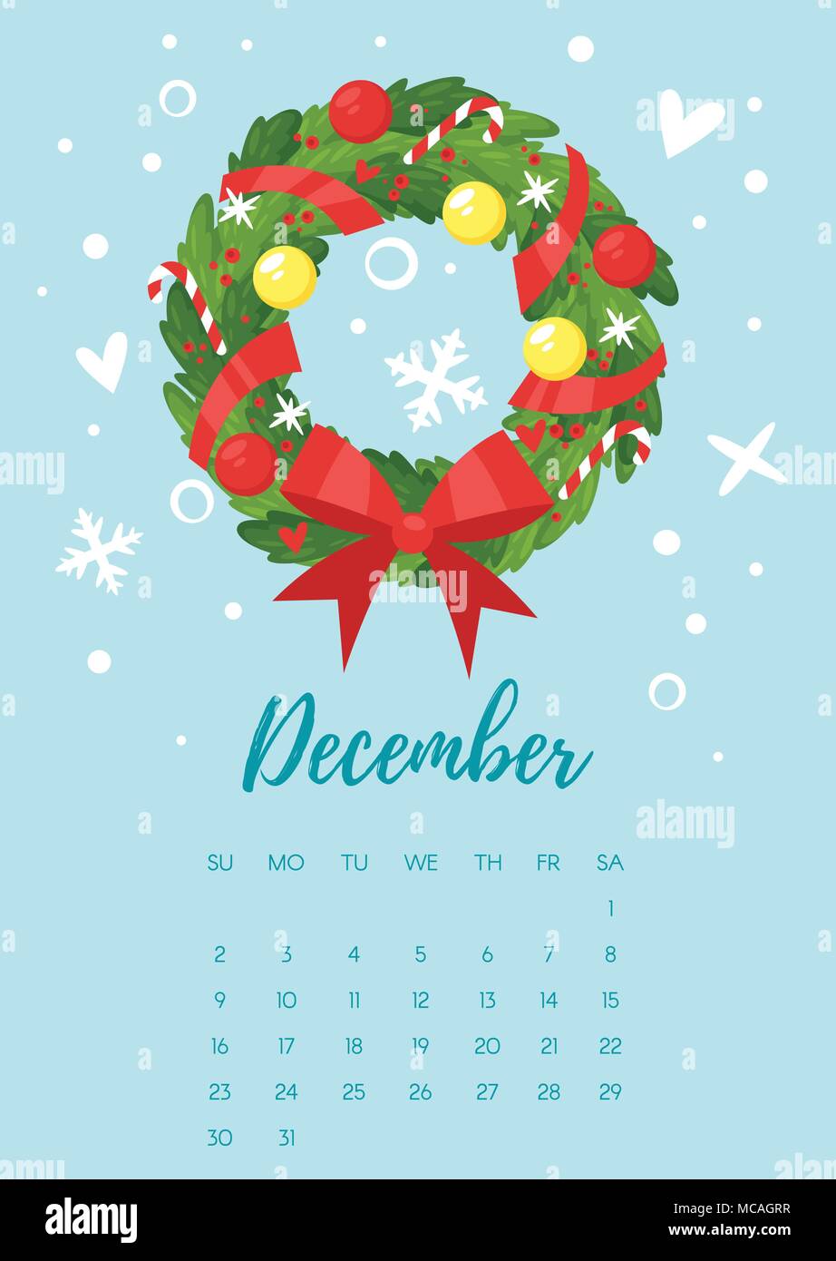 Vettore stile fumetto illustrazione di dicembre 2018 anno calendario pagina con vacanze di Natale e Anno Nuovo corona con coloratissime palle di Natale e bo Illustrazione Vettoriale