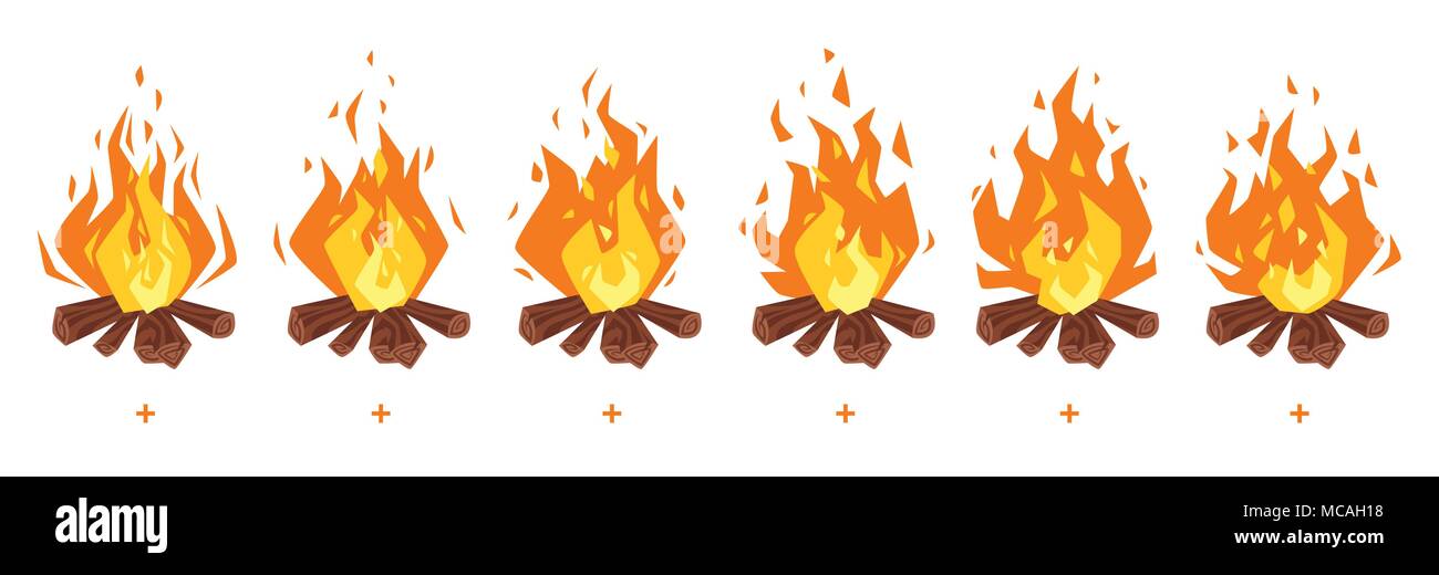 Vector cartoon impostato lo stile di gioco camp fire sprite per l'animazione. Gioco di interfaccia utente (GUI) elemento per videogiochi, computer o web design. Il falò b Illustrazione Vettoriale