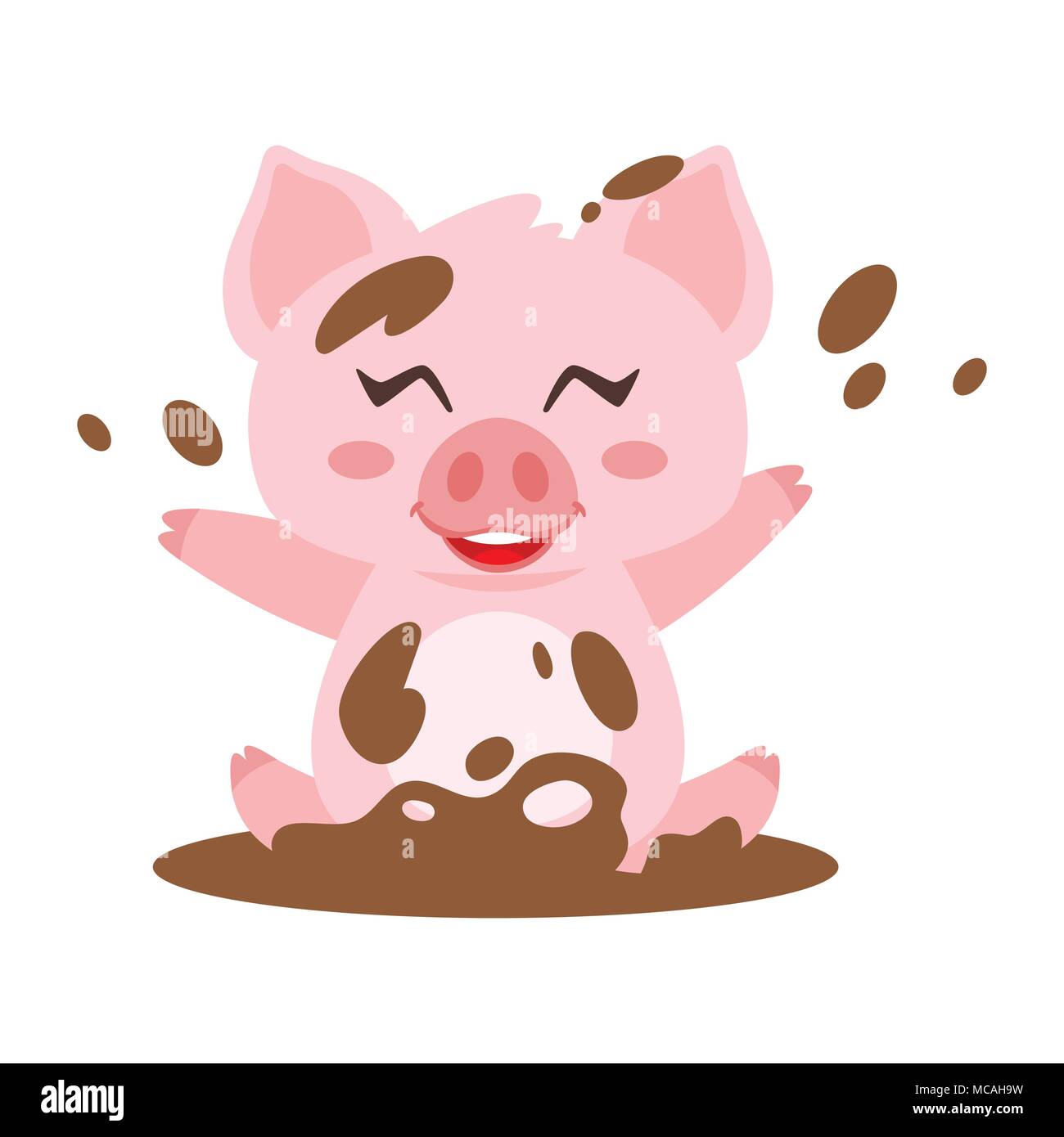 Vettore stile fumetto illustrazione di carino felice maiale dentellare la balneazione nel fango. Isolato su sfondo bianco. Illustrazione Vettoriale