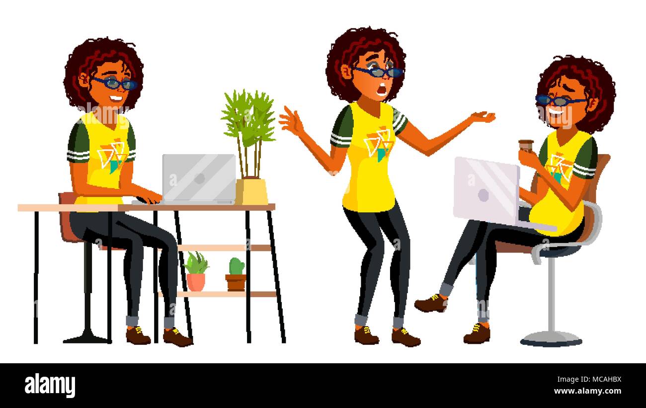 Business nero africano donna vettore di caratteri. American elegante ragazza moderna. Le espressioni. Il lavoro al computer. Scrivania. Illustrazione Cartoon Illustrazione Vettoriale