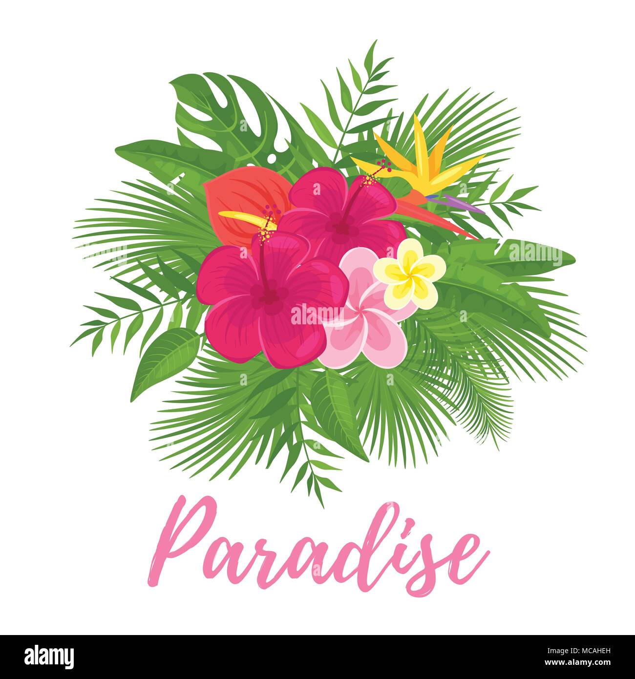 Vettore stile cartoon Paradise design estiva per la stagione della cartolina o poster con composizione floreale con foglie tropicali e fiori. Colorata vibrante temp Illustrazione Vettoriale
