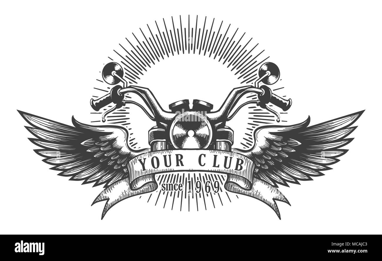 Vintage moto club emblema. Motocicletta con le ali. Illustrazione Vettoriale. Illustrazione Vettoriale