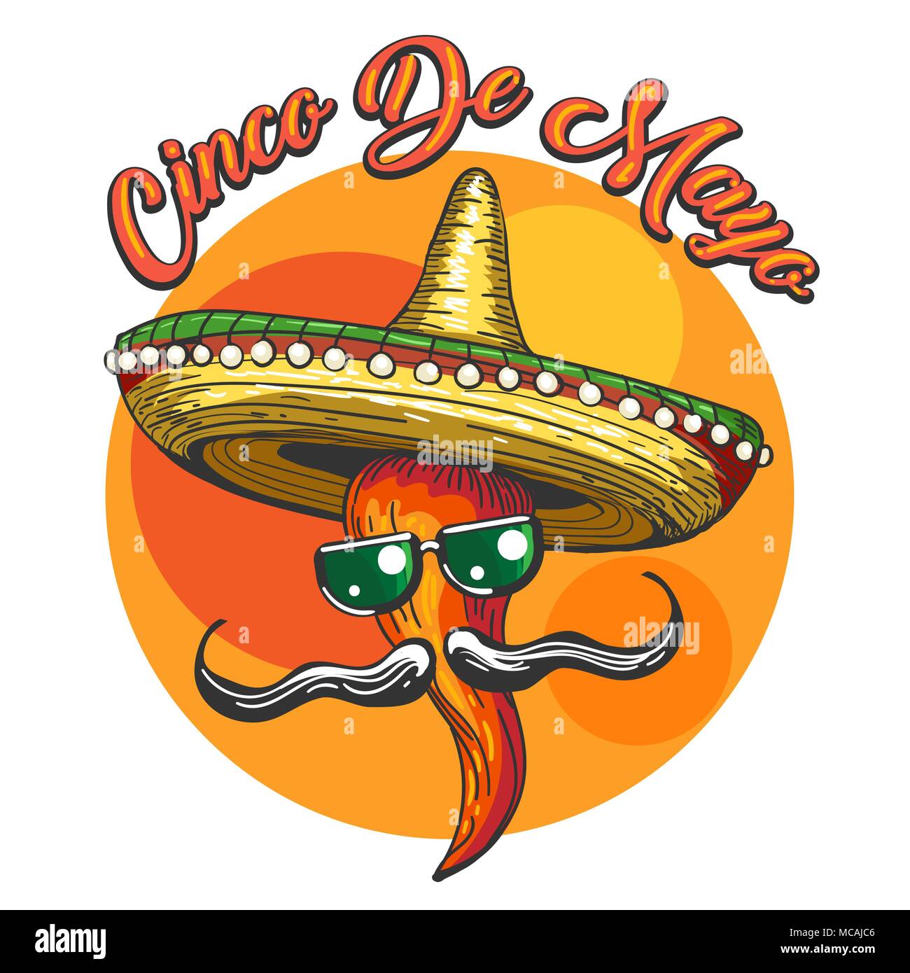 Allegro pepe rosso jalapeno in sombrero. Simboli della vacanza messicana Cinco de Mayo disegnato in stile retrò. Illustrazione Vettoriale. Illustrazione Vettoriale
