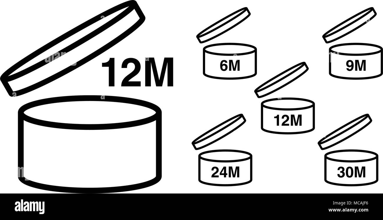Periodo dopo l'apertura PAO simbolo. Durata utile dei prodotti cosmetici dopo la confezione è aperta segno. Disegno nero icona della pentola con numero di mesi representi Illustrazione Vettoriale