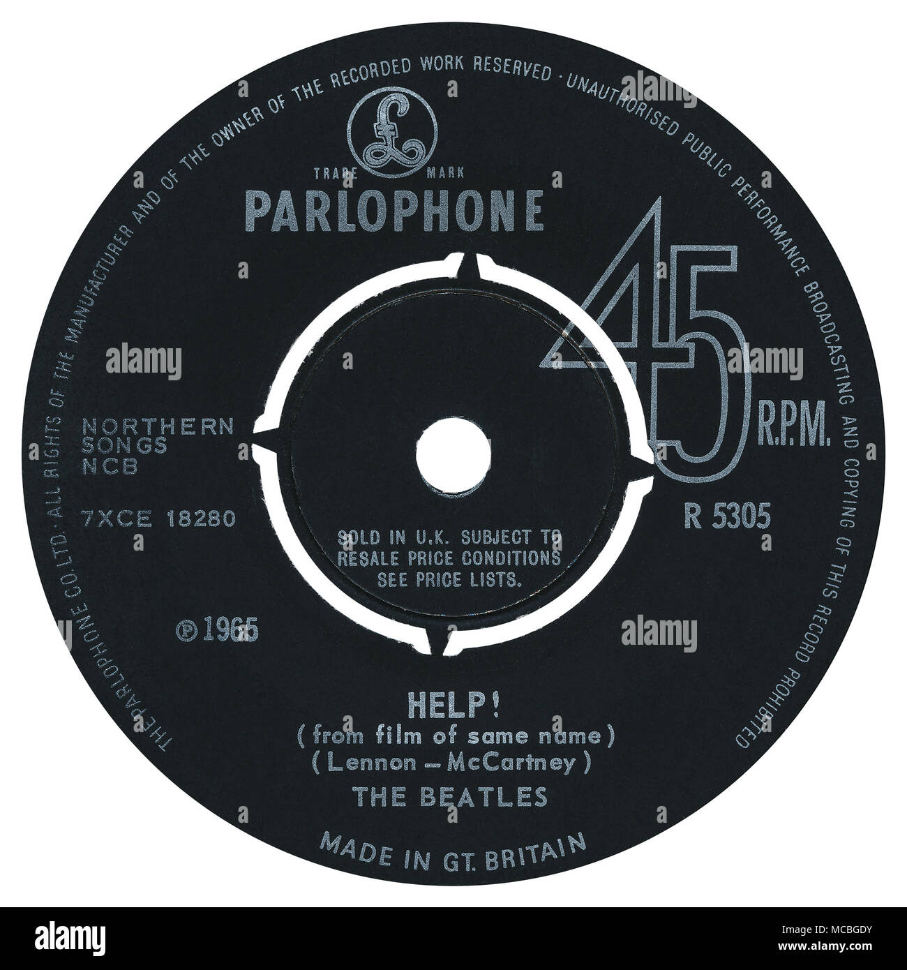 45 RPM 7' UK record etichetta di aiuto! Dai beatles Parlophone sul record dal 1965. Scritto da John Lennon e Paul McCartney e prodotta da George Martin. Foto Stock