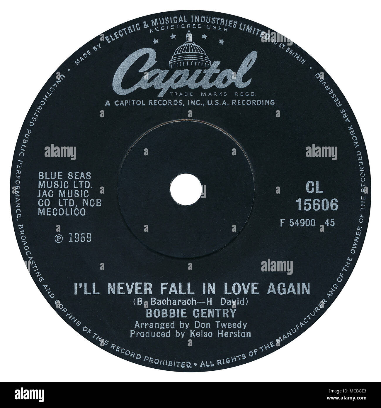 45 RPM 7' UK etichetta discografica di Non andrò mai cadere in amore di nuovo da Bobbie Gentry sul Campidoglio etichetta dal 1969. Scritto da Burt Bacharach e Hal David, disposti da Don Titti e prodotta da Kelso Herston. Foto Stock