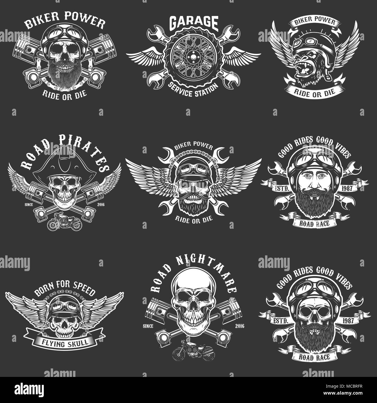 Set di biker club modelli emblema. Vintage motociclo etichette. Elemento di design per il logo, l'etichetta, emblema, segno. Illustrazione Vettoriale Illustrazione Vettoriale