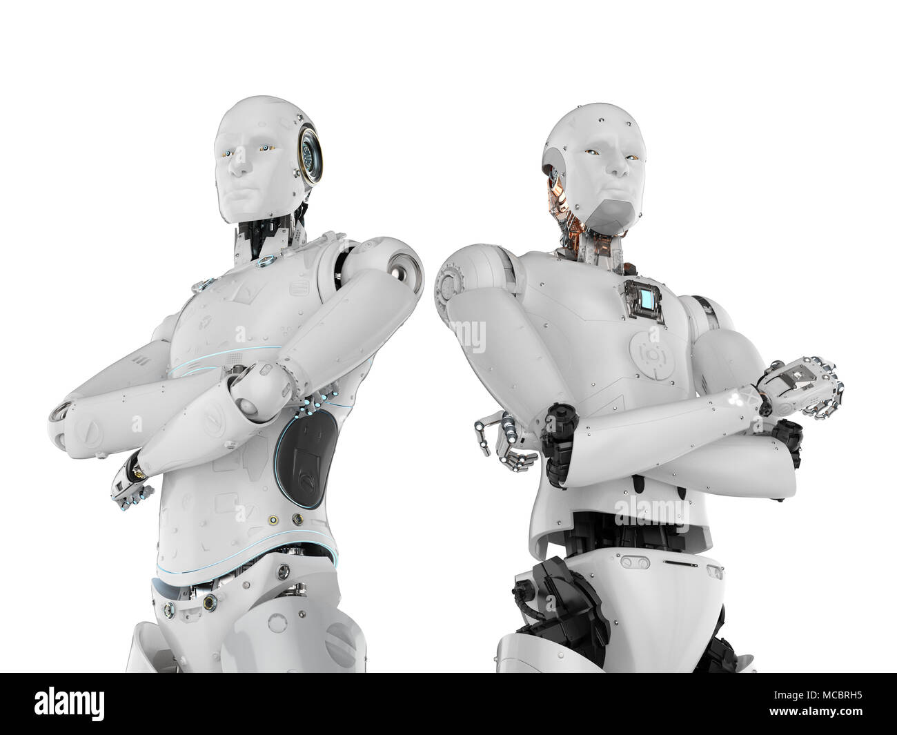 3D rendering robot umanoidi braccio incrociati su sfondo bianco Foto Stock