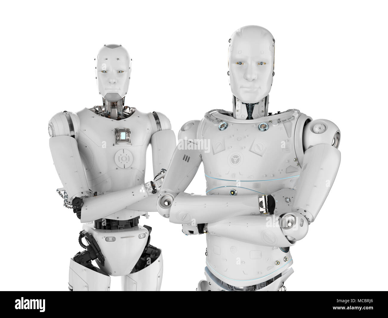 3D rendering robot umanoidi braccio incrociati su sfondo bianco Foto Stock
