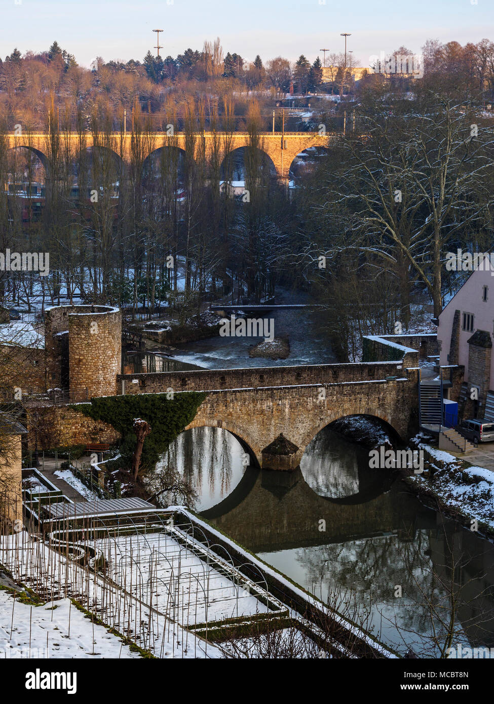 Il viadotto in Clausen, Bridge Stierchen, città di Lussemburgo, l'Europa, dall'UNESCO Patrimonio dell'Umanità Foto Stock