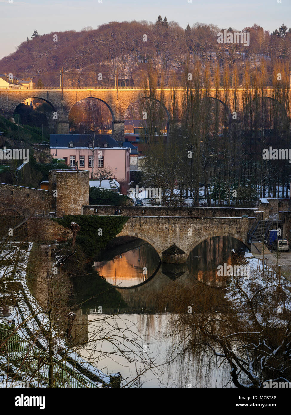 Il viadotto in Clausen, Bridge Stierchen, città di Lussemburgo, l'Europa, dall'UNESCO Patrimonio dell'Umanità Foto Stock