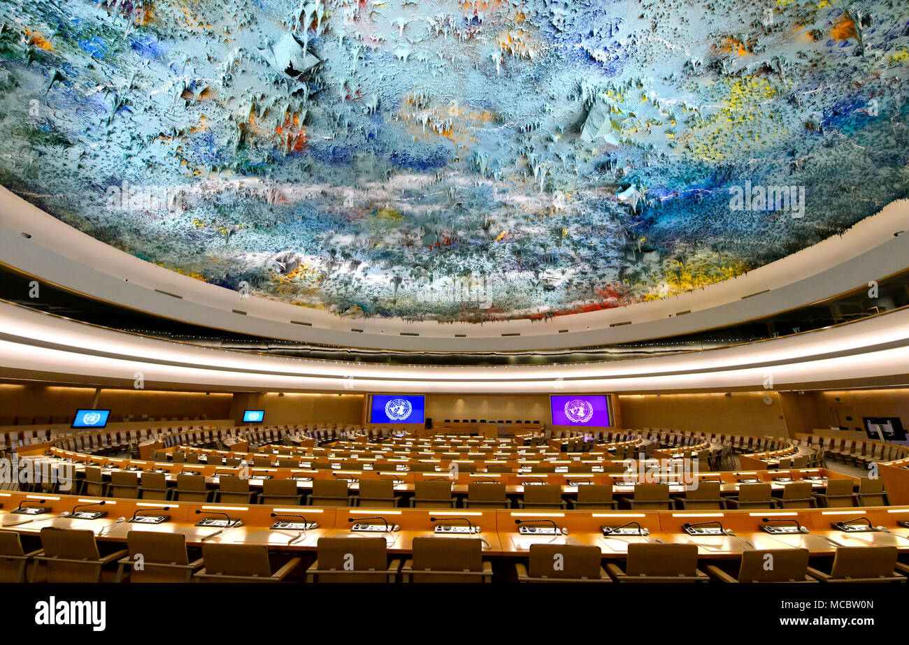 I diritti umani e di alleanza di civiltà Camera con soffitto scultura di Miquel Barceló, Palais des Nations, Nazioni Unite, Ginevra, Svizzera Foto Stock