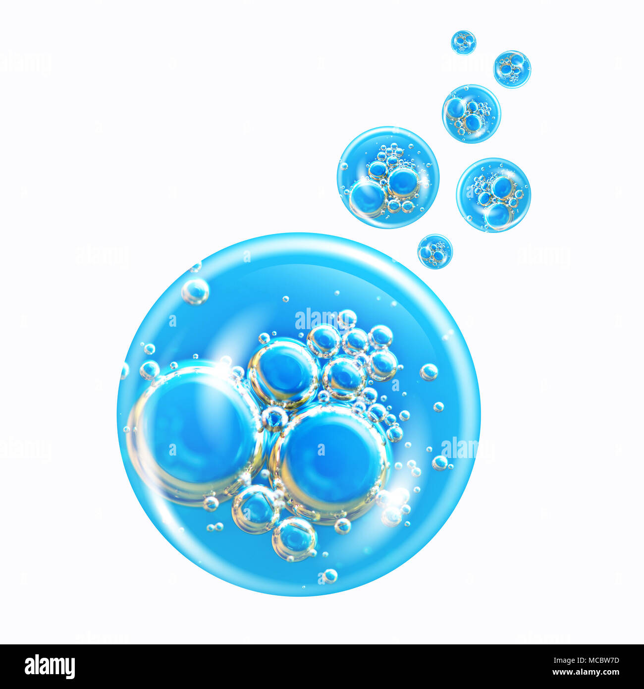 Le bolle di aria all'interno di una grande con acqua blu e bolle piccole bolle intorno isolato su sfondo bianco. Macro. Foto Stock