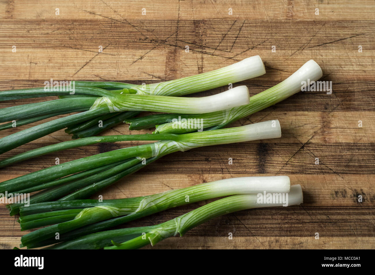 I giovani la cipolla sul tagliere sfondo Foto Stock