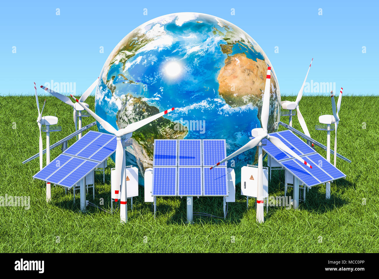 Fonti di energia rinnovabili concetto. Pannelli solari e di turbine eoliche in tutto il globo terrestre in erba verde contro il cielo blu, rendering 3D Foto Stock