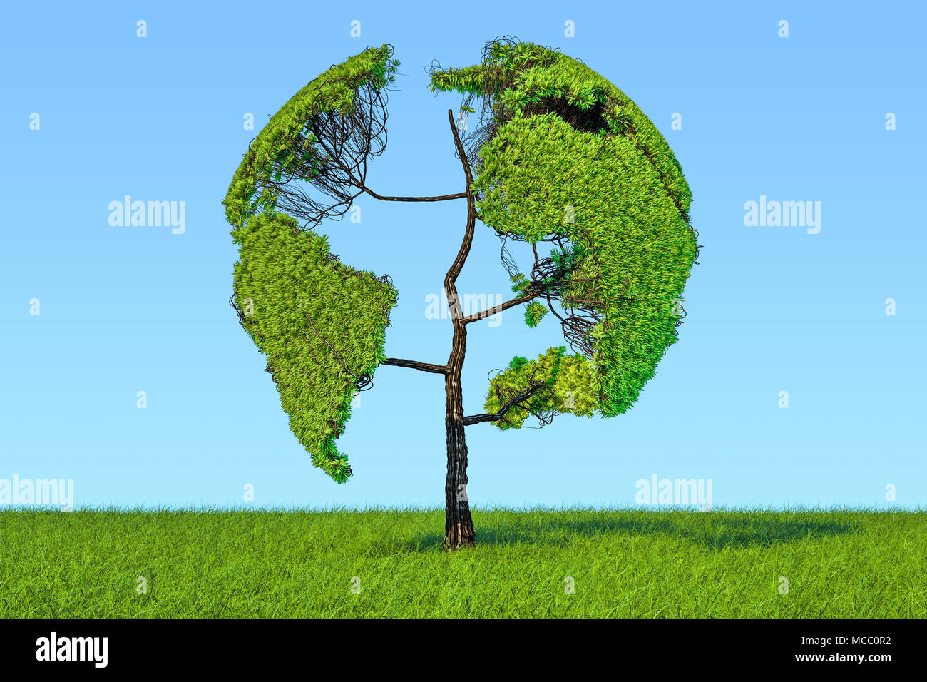 Albero a forma di globo terrestre sull'erba verde contro il cielo blu, rendering 3D Foto Stock