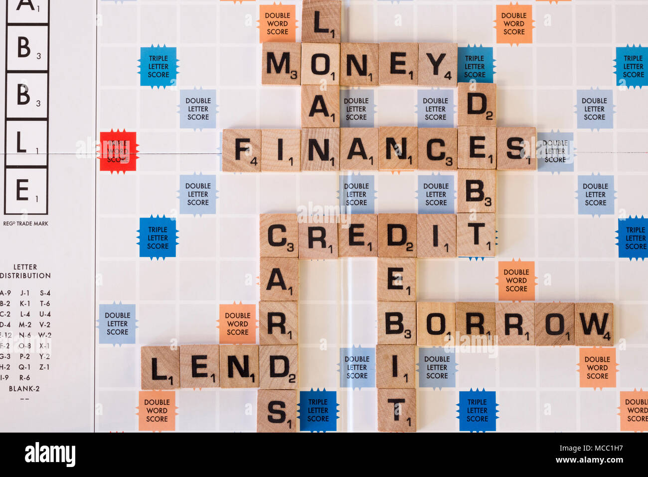 Una serie di parole su una scheda di scrabble relativi alle finanze e debito Foto Stock