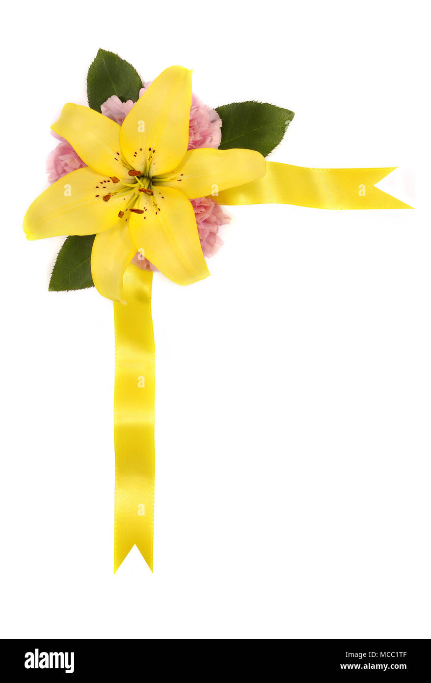 Angolo floreale border realizzato da giglio giallo garofani rosa e nastro di raso Foto Stock